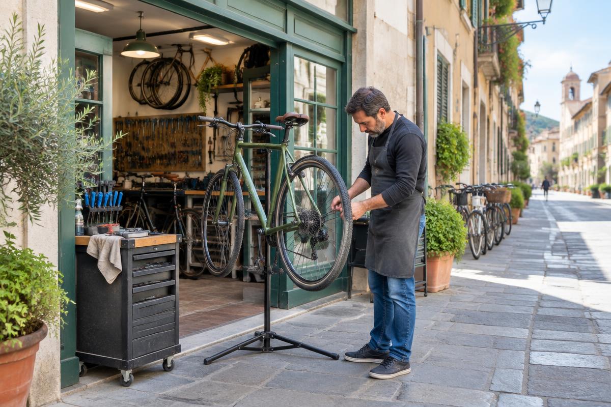 Illustrazione fotografica di un artigiano al lavoro in un’officina di biciclette
