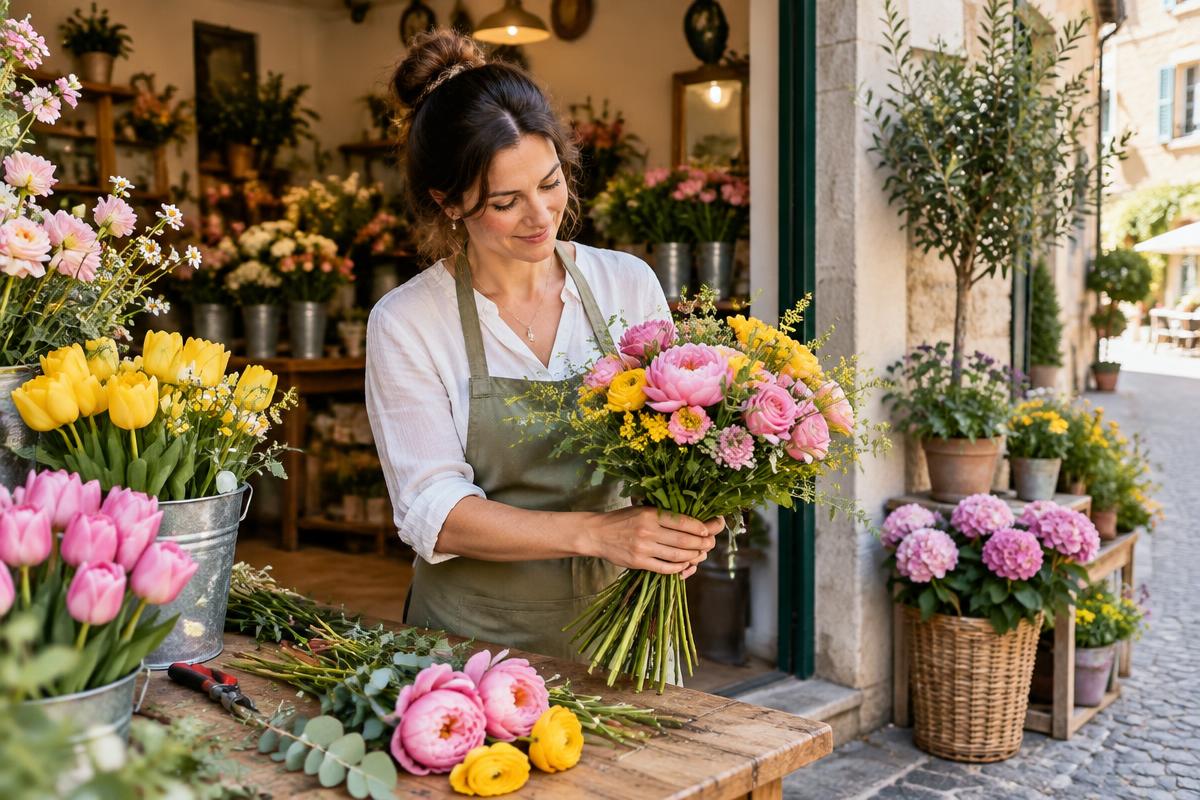 Illustrazione fotografica di una fiorista che prepara un bouquet nel suo negozio